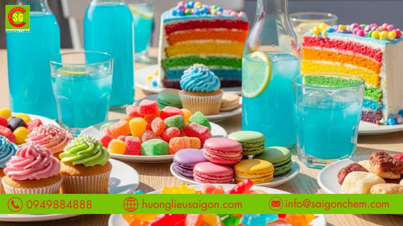 M&agrave;u thực phẩm Blue được ứng dụng phổ biến trong b&aacute;nh kẹo v&agrave; đồ uống